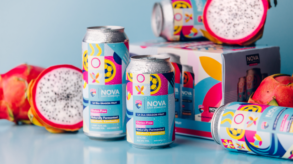 Cans of a Nova Easy Kombucha flavor  called La Ola Dragon Fruit created in partnership with San Diego Wave FC