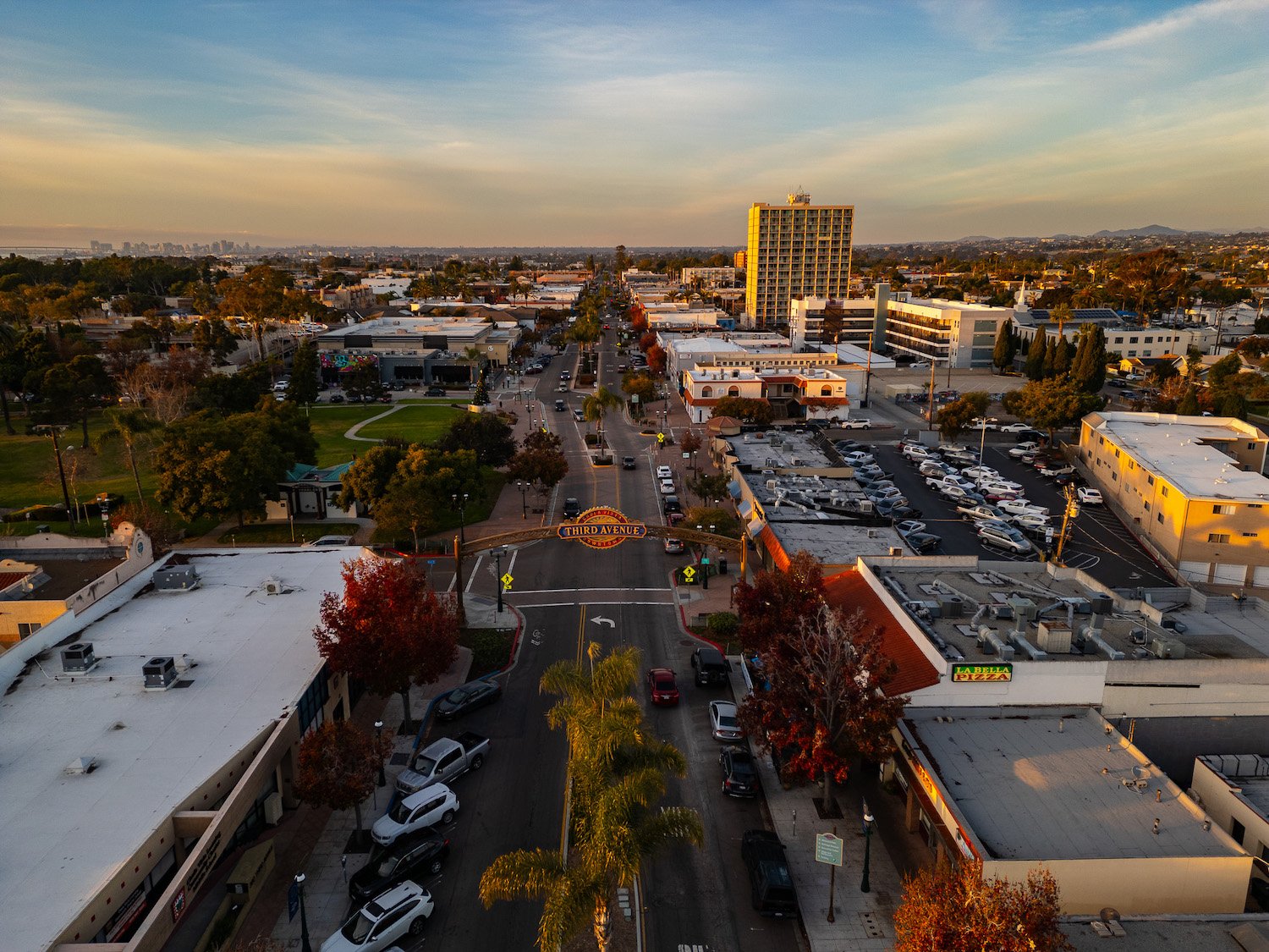 James Tran aerial photo of Chula Vista's downtown and third avenue at sunset in San Diego