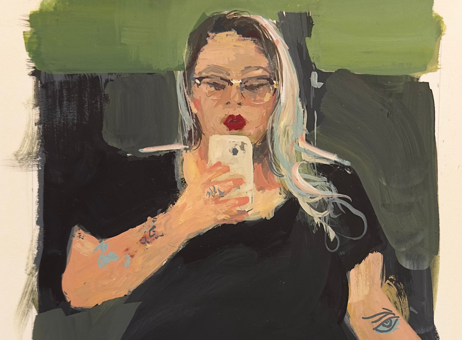 Painting by Noah Saterstrom of San Diego Magazine contributor Katy Stegall featuring her taking a selfie and reflecting on the weight of poverty