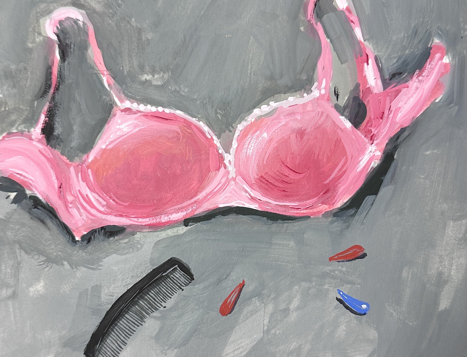 Painting by Noah Saterstrom of a pink bra, hair clips, and a comb
