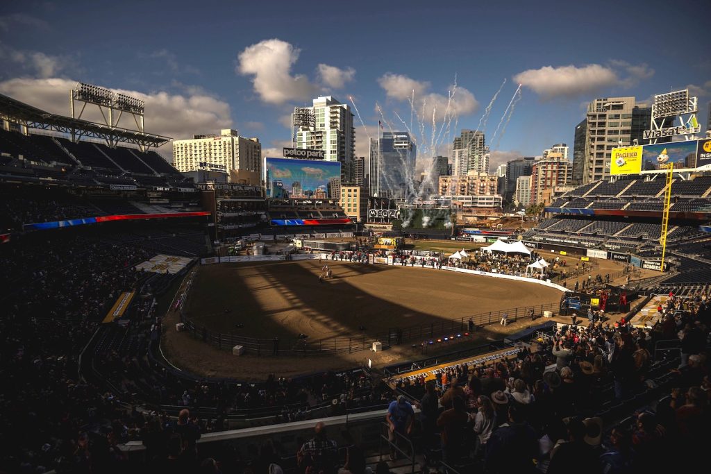 2024 San Diego Rodeo at Petco Park featuring a firework show in the outfield of the stadium during the event