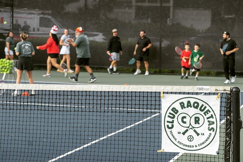 Latino tennis club Club Raquetas practicing at an outdoor tennis court in Chula Vista, San Diego