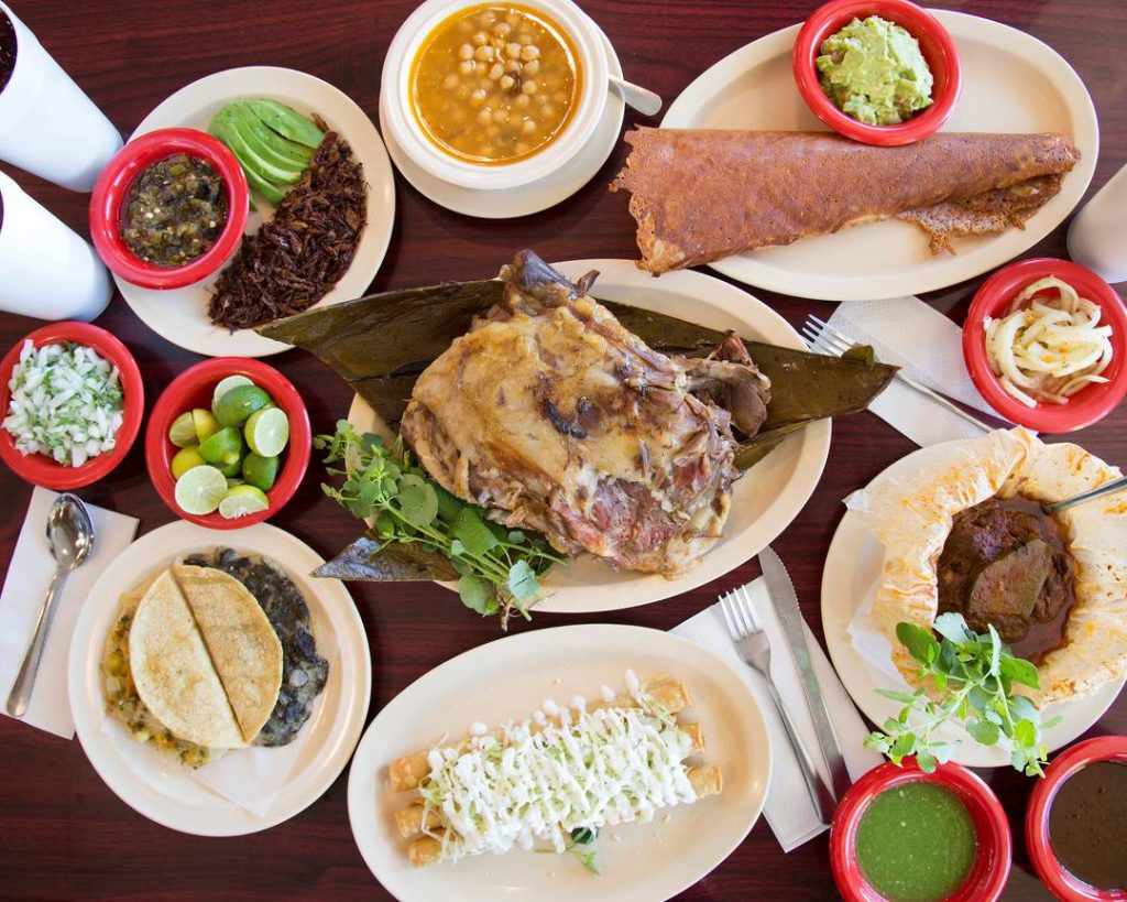 Table of food from South Bay Mexican restaurant Aqui es Texcoco in Chula Vista, San Diego