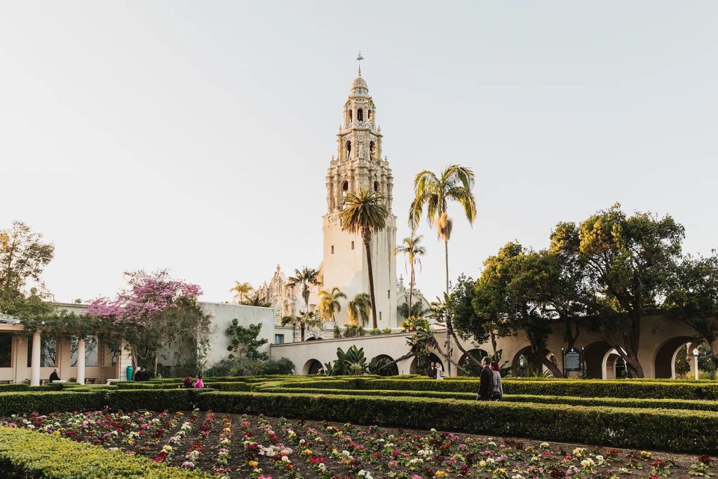 Popular San Diego date spot, Balboa Park's rose garden with El Prado in the background