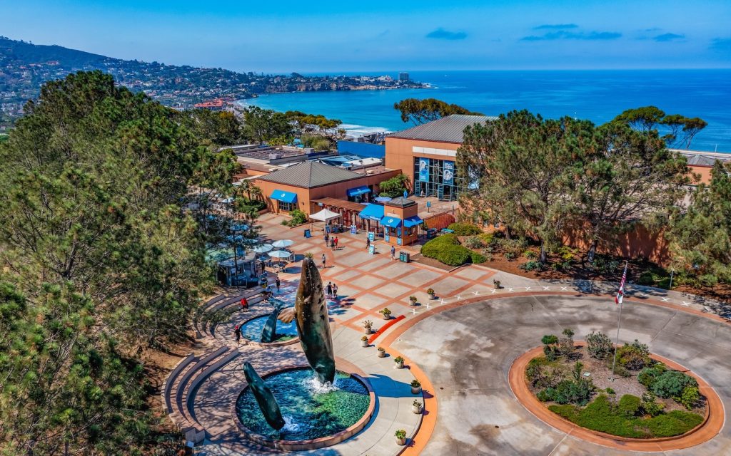 Aerial view of the Birch Aquarium from Scripps at UCSD with La Jolla Shores in the background