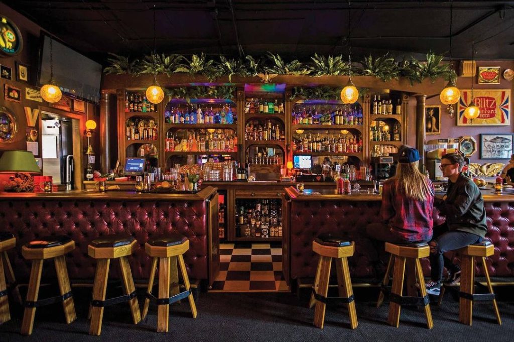 Interior of Good News non-alcoholic bar that is opening soon in San Diego featuring a colorful bar
