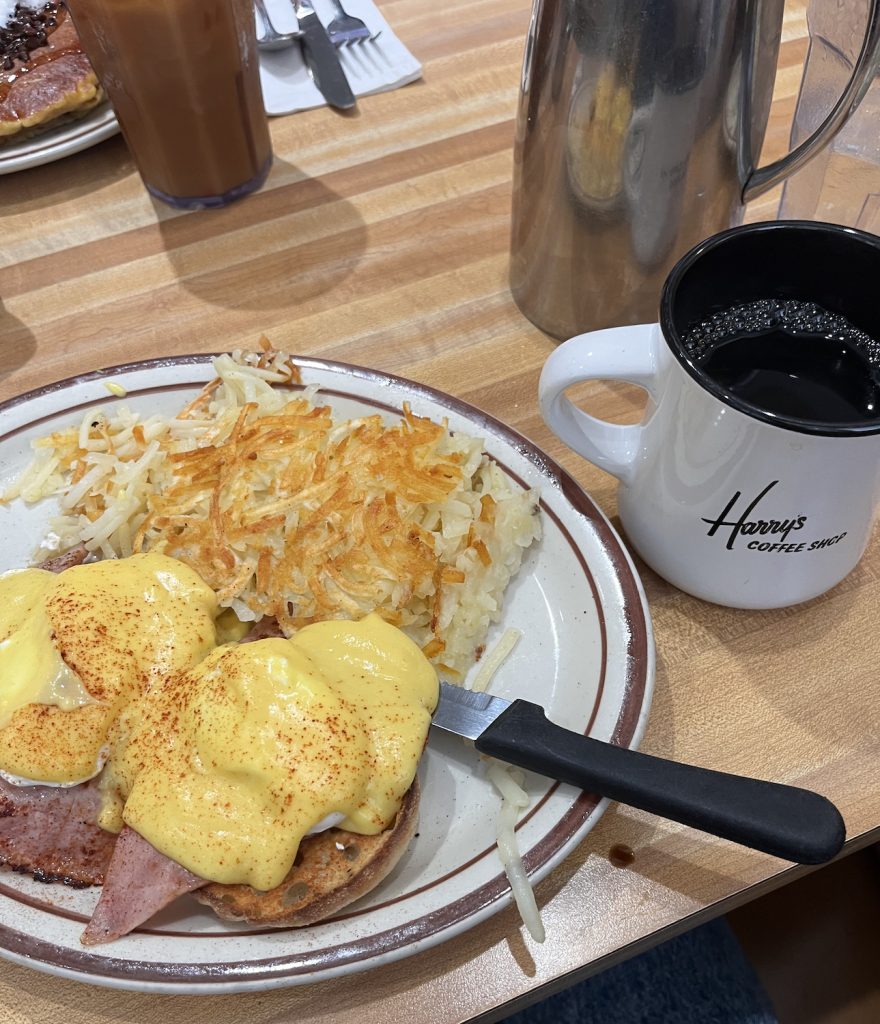 Eggs Benedict from breakfast diner Harry’s Coffee Shop in La Jolla, San Diego