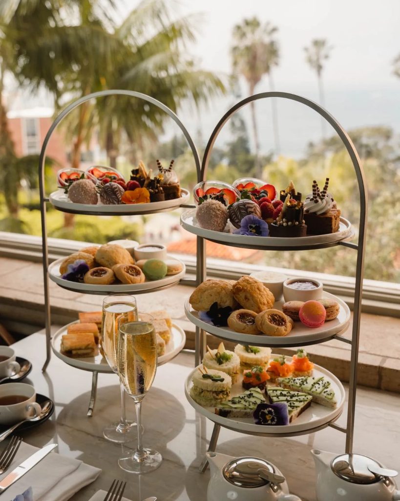 Two trays of sweets and pastries to accompany high or afternoon tea at La Valencia Hotel overlooking the ocean in La Jolla, San Diego
