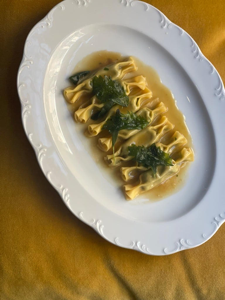 Foraged wild nettle scarpinocc pasta dish from Travis Swikard's restaurant Callie