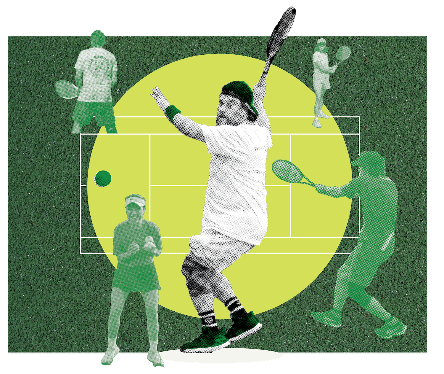 Illustration of the Club Raquetas Chula Vista tennis club for San Diego's latino community featuring tennis players on a court