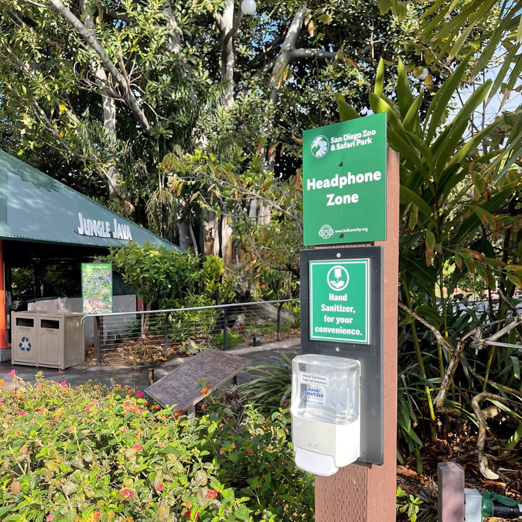 Sign indicating a "Headphone Zone" and other accessible spaces in the San Diego Zoo