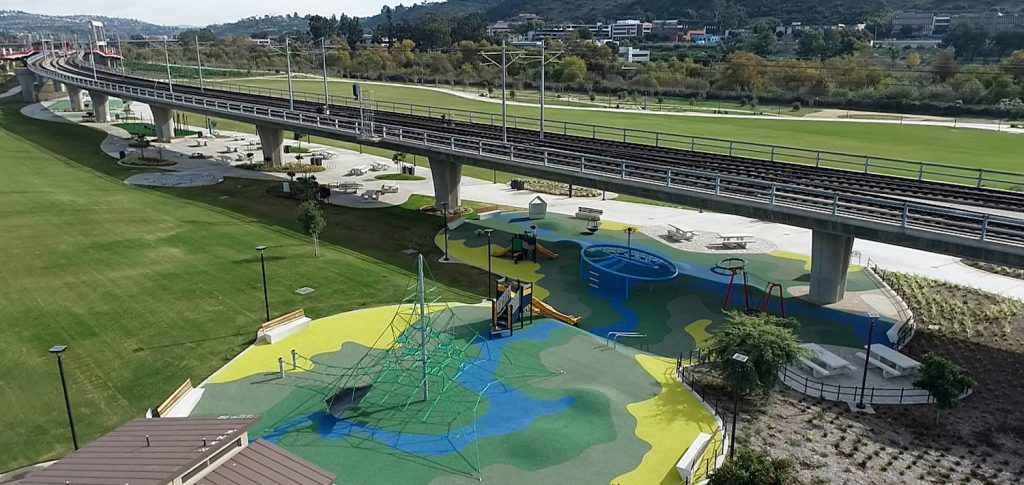 Best new San Diego playgrounds and parks including SDSU river park located underneath the San Diego trolley line in Mission Valley