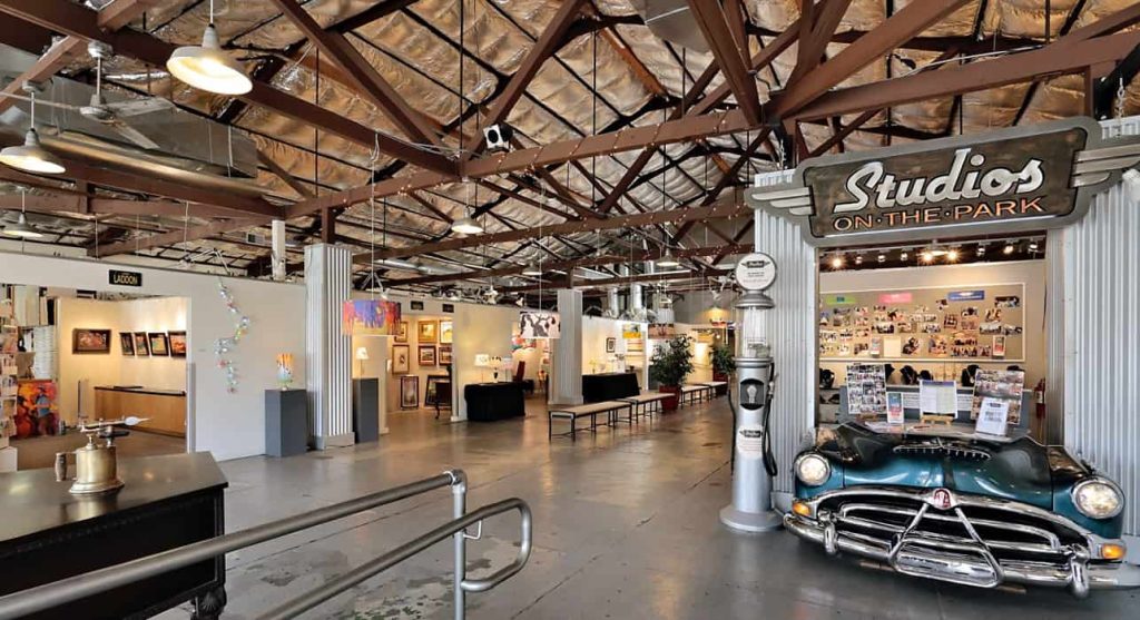 Interior of Studios on the Park a set of art studio spaces featuring a retro car in Paso Robles, California