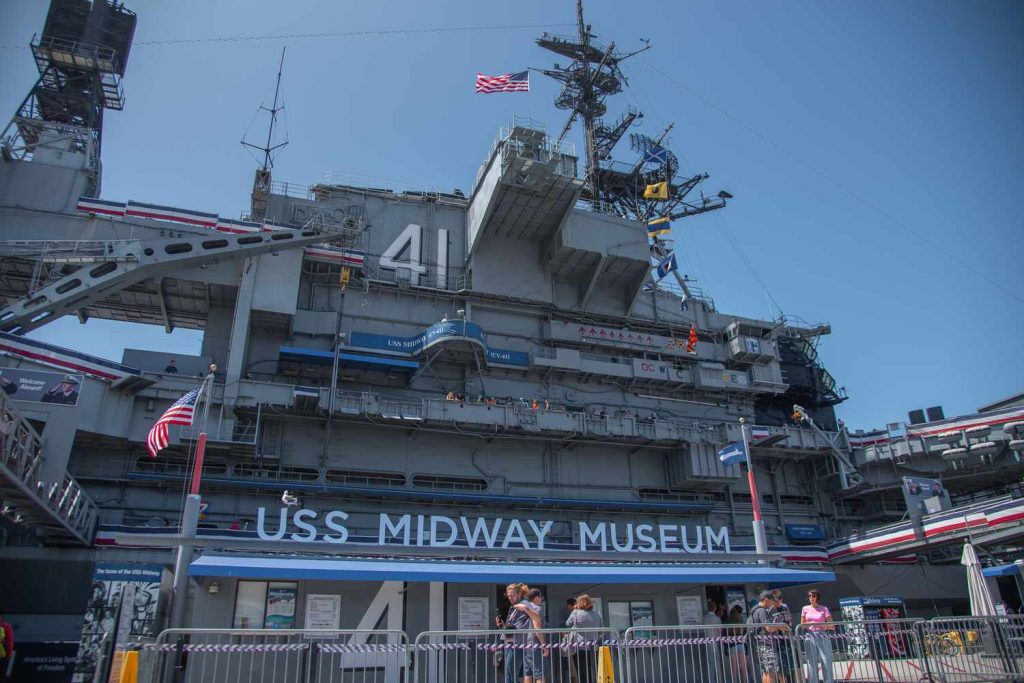 The exterior of the USS Midway Museum in downtown San Diego