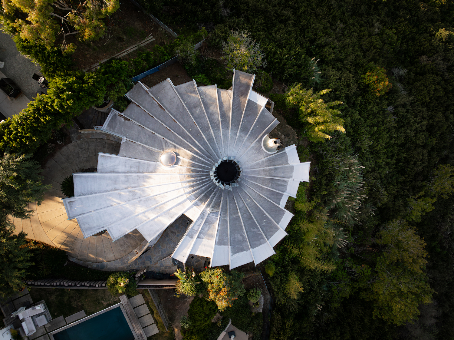 Aerial view of the Yen House or Lotus House exterior in La Jolla, San Diego designed by famous local architect Kendrick Bangs Kellogg