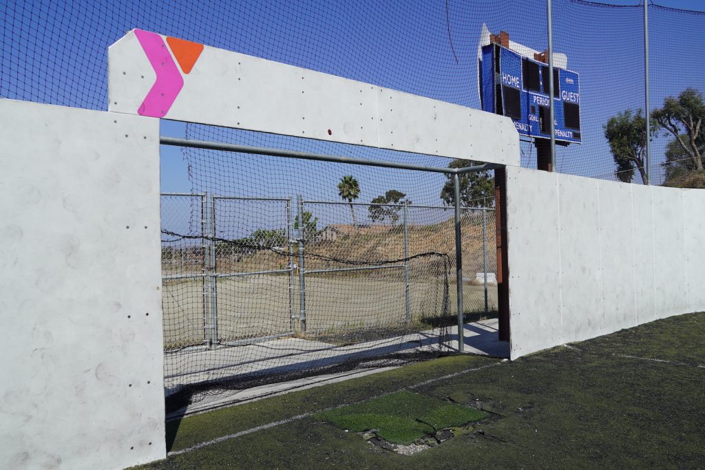 The Border View YMCA's soccer field's broken scoreboard