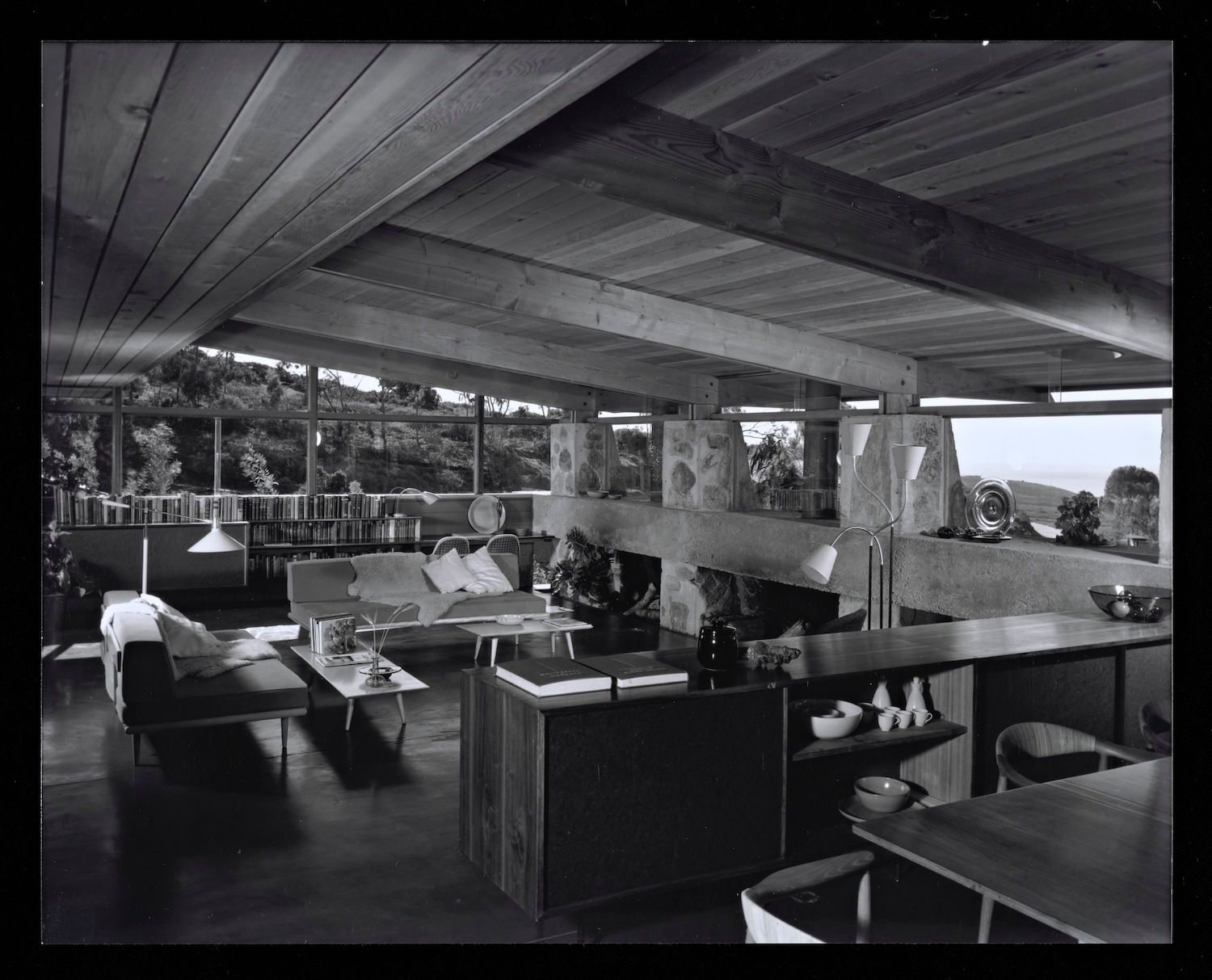 Historic photograph of Frederick Charles Liebhardt's family home living room in La Jolla by Julius Shulman