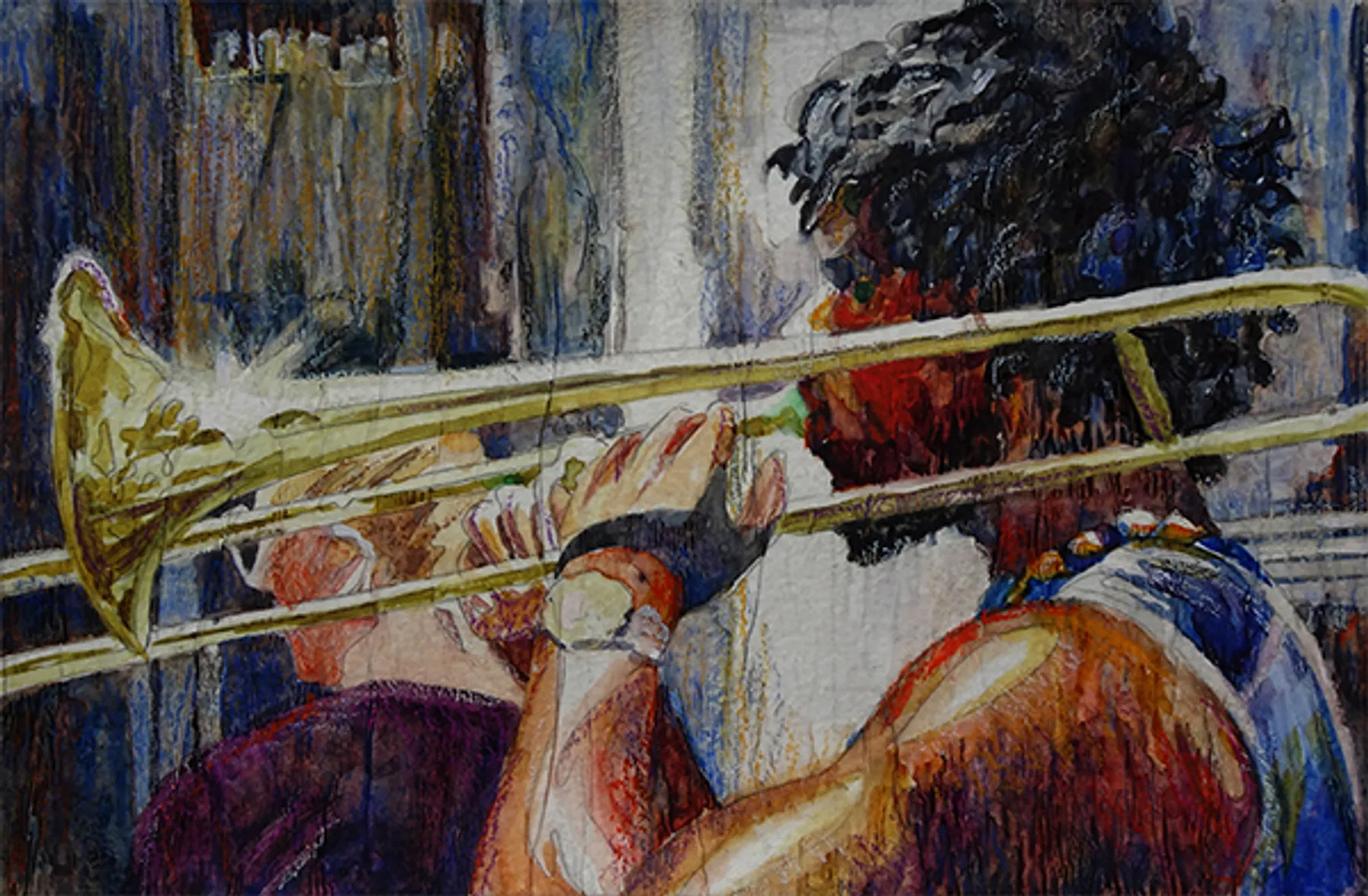 A watercolor painting from The San Diego Watercolor Society Gallery featuring artwork of a trombone player 