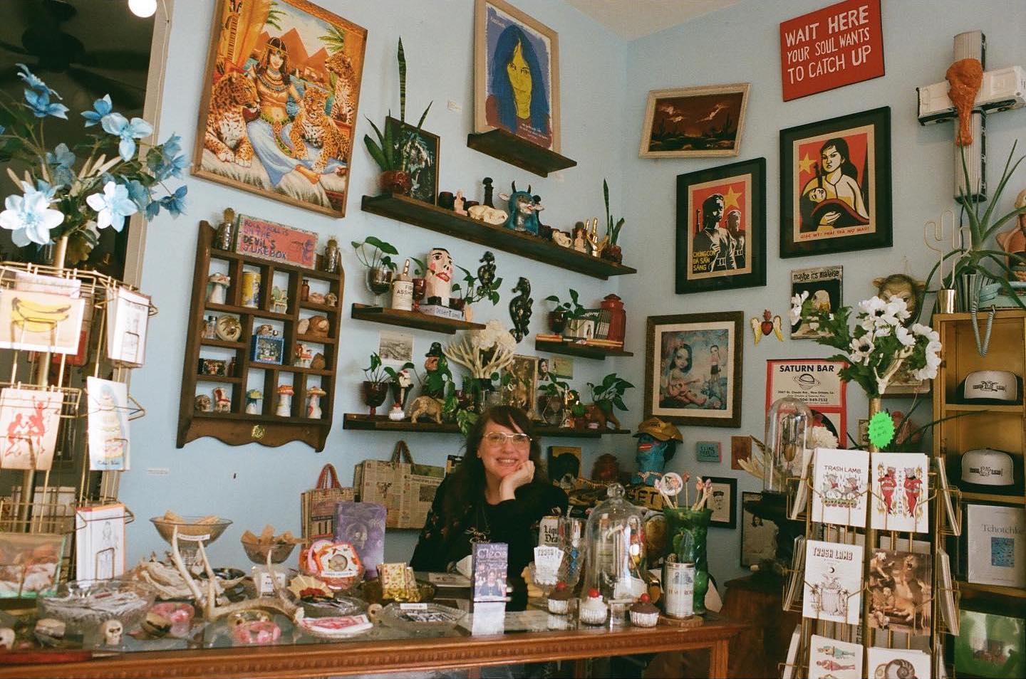 Interior of Trash Lamb Gallery in South Park, San Diego featuring its founder Melody Jean Moulton 
