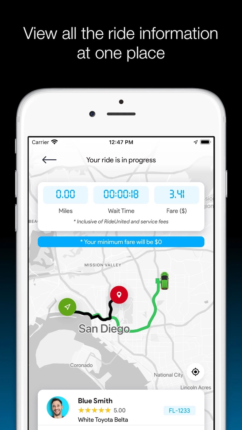 App screenshot from Ride United, a ridesharing app featuring a map