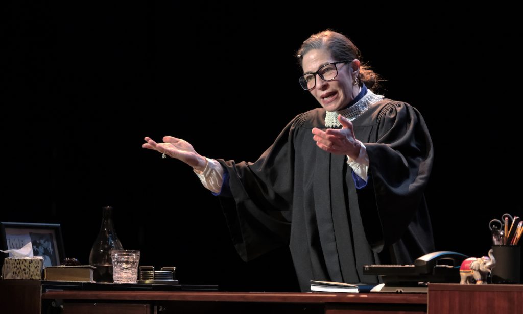 Actress playing Ruth Bader ginsberg in play by the Balboa Theatre called All Things Equal: The Life and Trials of Ruth Bader Ginsburg 