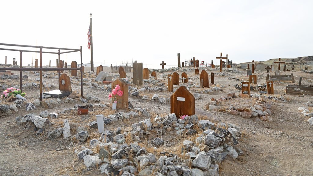 Tombstones at the old Tonopah Cemetery in Nevada next to the Clown Motel