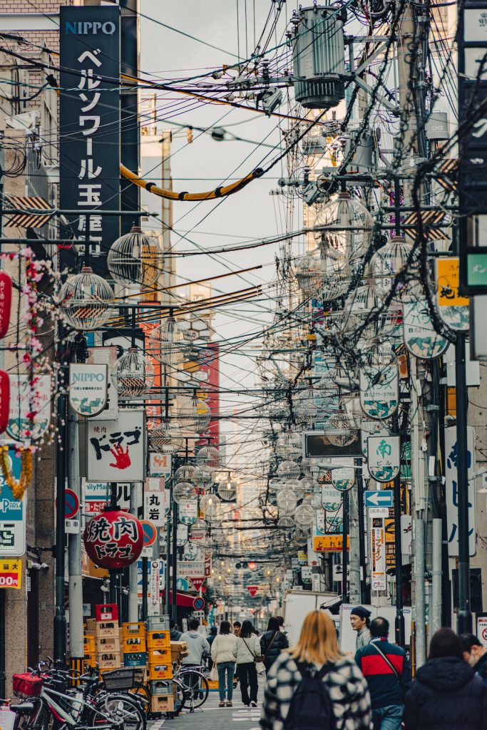 San Diego photographer Valerie Durham's image of the busy streets of Osaka, Japan featuring people. power lines, and signs 