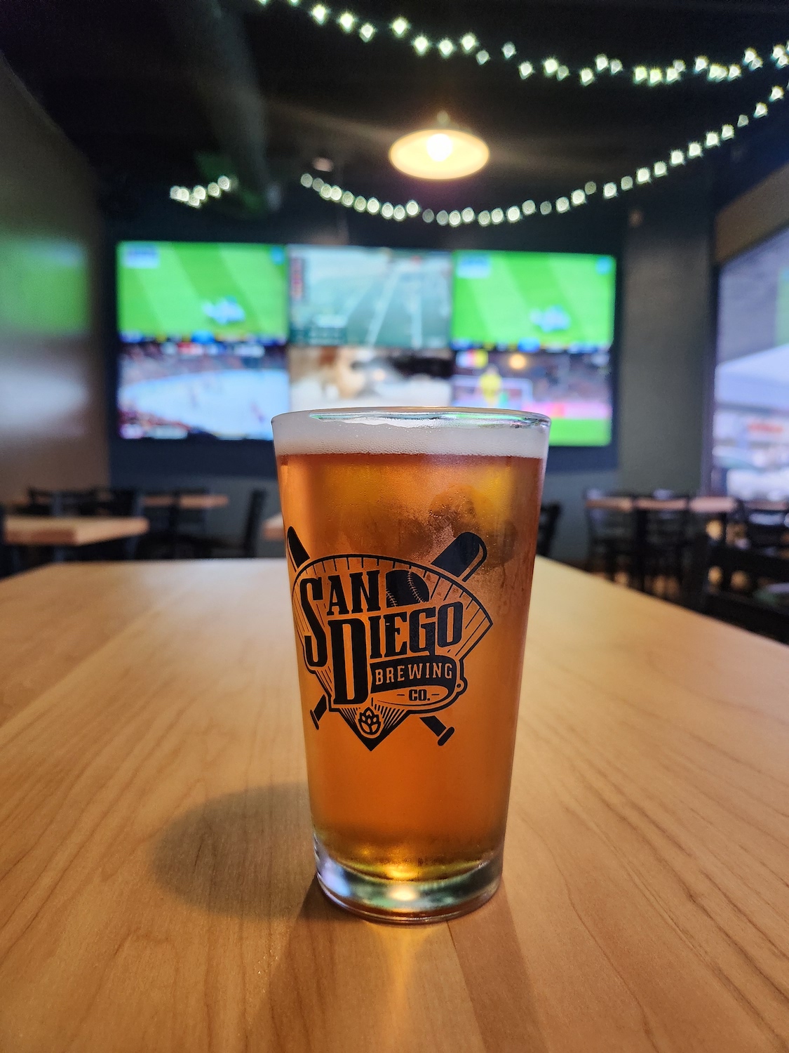 San Diego Brewing Company beer glass in the newly remodeled Mission Valley location