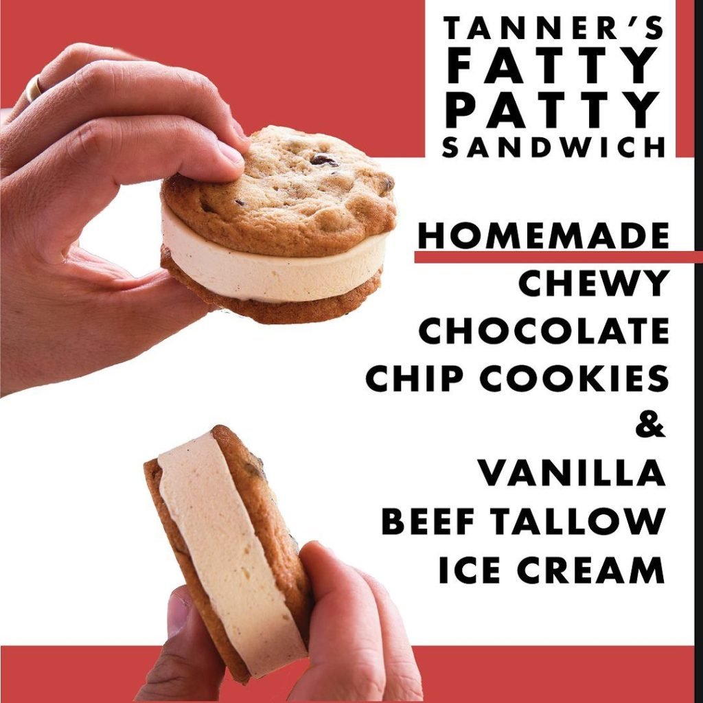 Tanner's Prime Burgers' Fatty Patty which consists of two chocolate chip cookies between vanilla beef tallow ice cream available at their new Oceanside, San Diego location