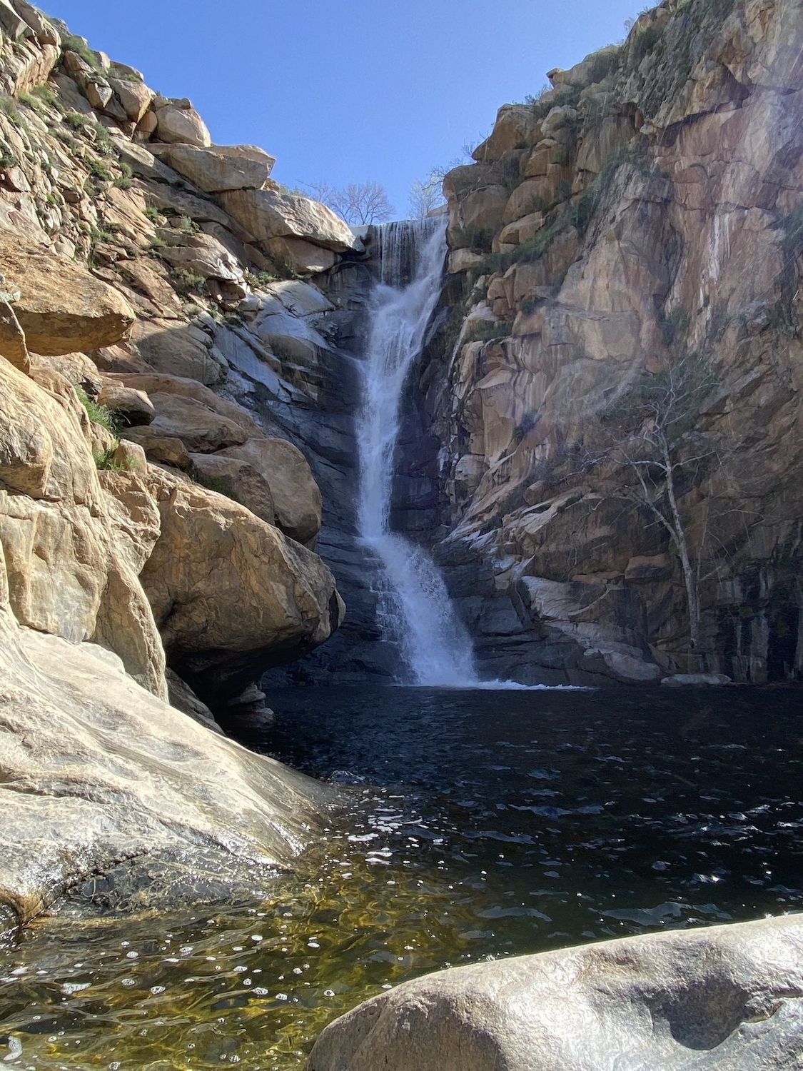 San Diego waterfall hike at Cedar Creek Falls near Alpine featuring a tall waterfall leading into a pond surrounded by boulders