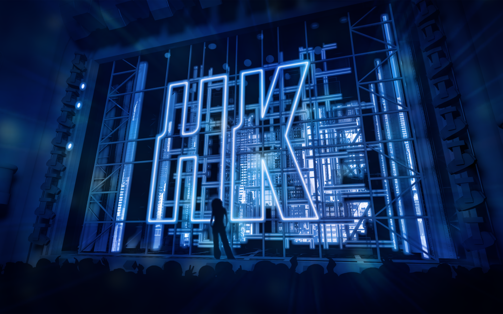 Rendering of Alicia Key's Hell's Kitchen Broadway musical featuring a city skyline and letters HK behind the stage