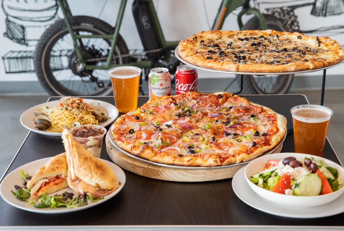 Pizzas, pastas, sandwiches, and salads from Landini's pizza in Little Italy, San Diego
