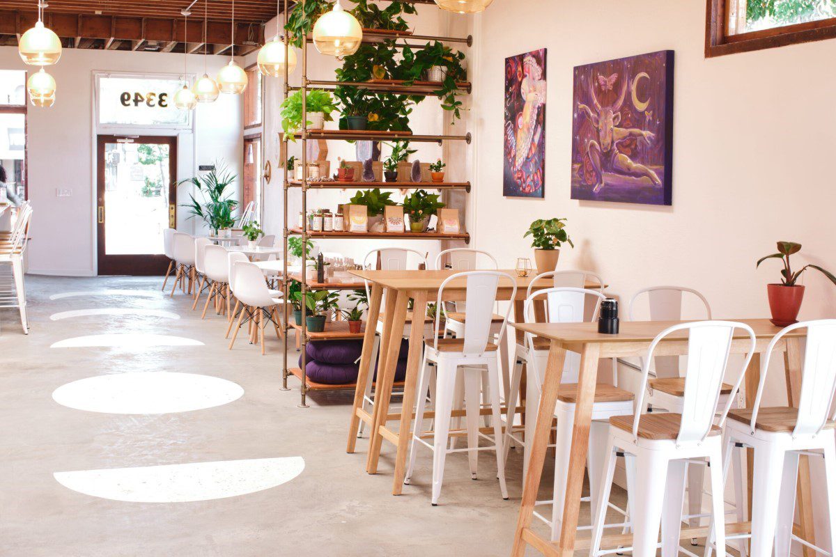 Interior of non-alcoholic bar Moon Flower in coffee shop Maya Moon Collective in Normal Heights, San Diego