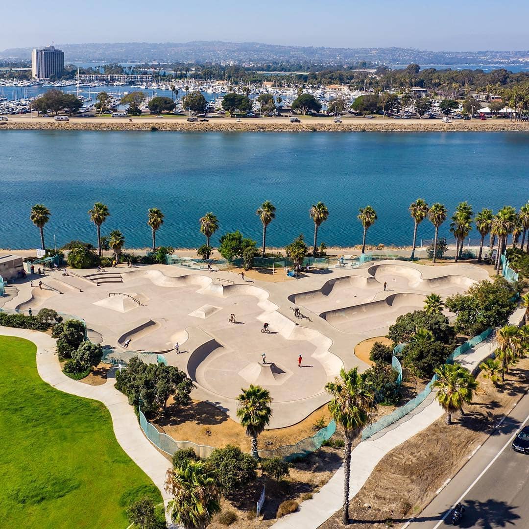 Aerial view of Robb Field Skatepark in Ocean Beach, San Diego near Mission Bay