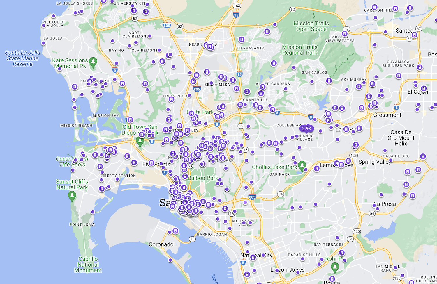 Zillow home search map in San Diego