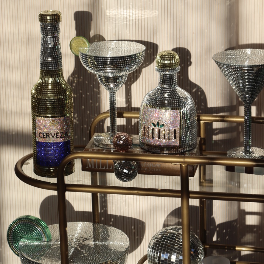 San Diego home decor company Sofiest Designs disco-ball covered alcohol bottles and cocktail glasses