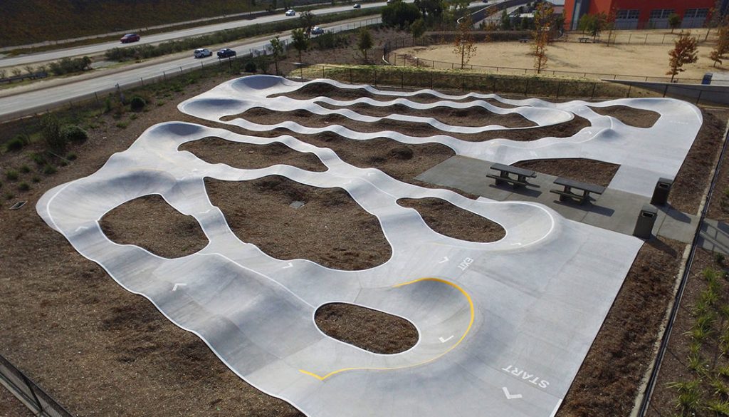 Aerial view of Del Mar Pump Track skatepark in San Diegobuilt by Spohn Ranch