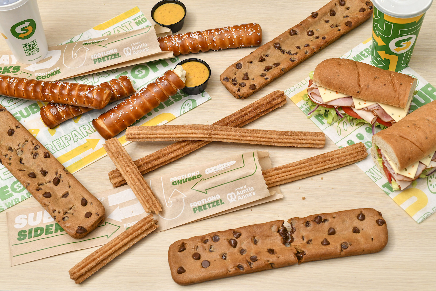Subway's new Auntie Anne's footlong pretzel bread along with their footlong cookie, Cannabon Footlong Churro