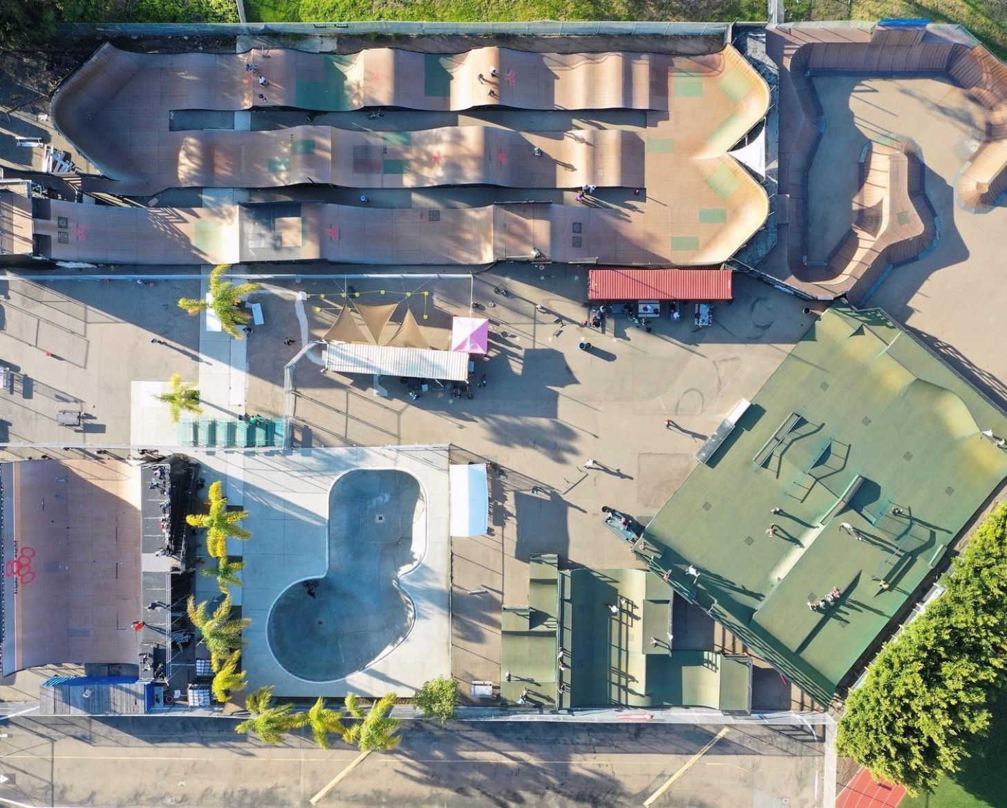 Aerial view of Krause Family Skatepark in Mission Valley, San Diego owned by the San Diego YMCA