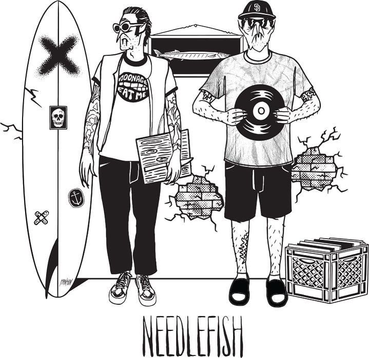 Illustration of Needlefish omakase sushi food pop-up from San Diego featuring Chris Cantore holding a vinyl record and Tyler Mars next to a surfboard