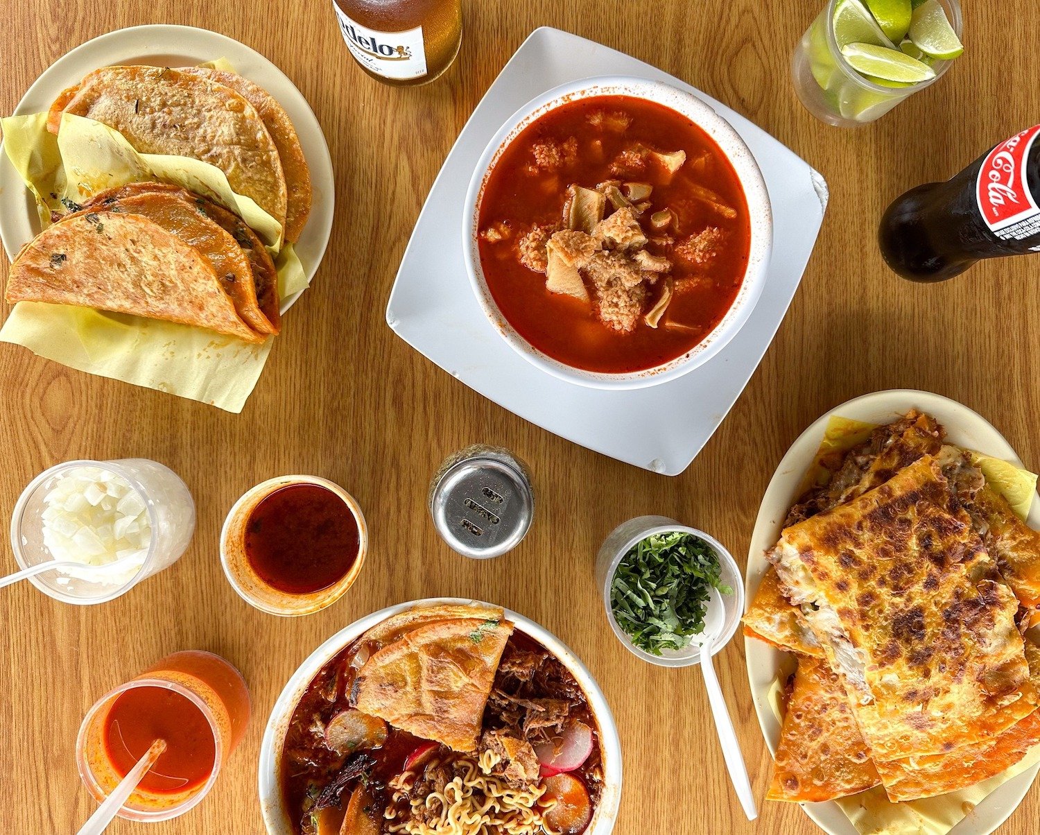Food dishes and drinks from San Diego Mexican restaurant Don Vargas Birrieria y Mariscos
