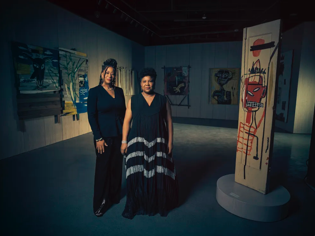 Jean-Michel Basquiat's sisters Lisane Basquiat and Jeanine Heriveaux at the Basquiat Gala this weekend in San Diego at The Soap Factory