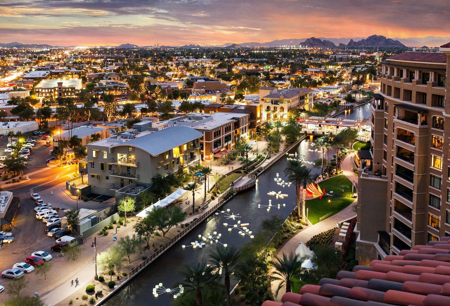 Aerial view of popular travel destination Scottsdale, Arizona at sunset