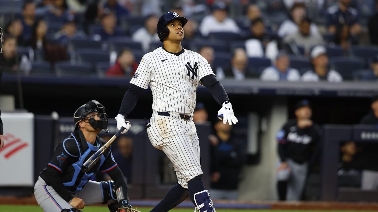 Ex-padres baseball player Juan Soto reacts to hitting a home-run 