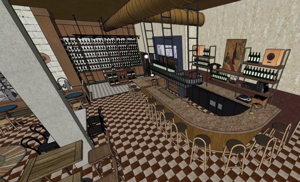 Rendering of new Oceanside Wine Bar, Merenda Wine located at The Flats in Oceanside