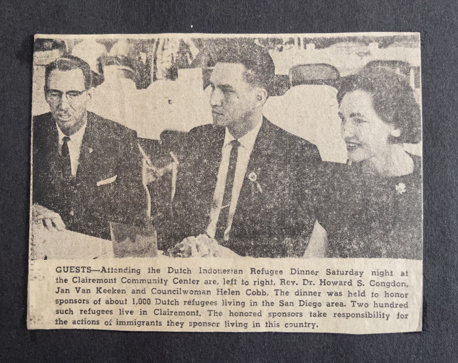 Historical newspaper article featuring the Dutch Indonesian Refugee Dinner at Clairemont Community Center
