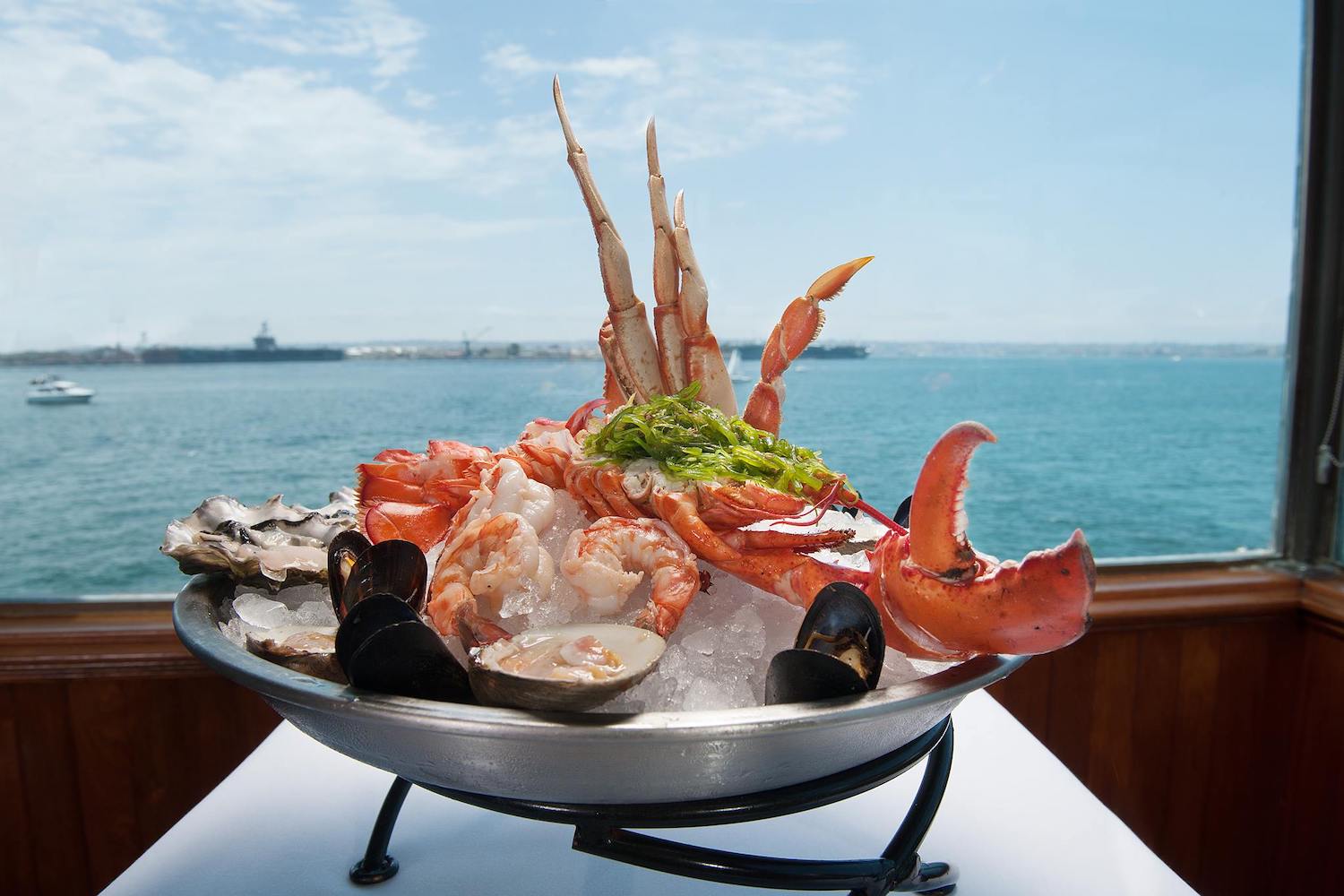 A seafood platter from Top of the Market rooftop restaurant overlooking the San Diego Bay