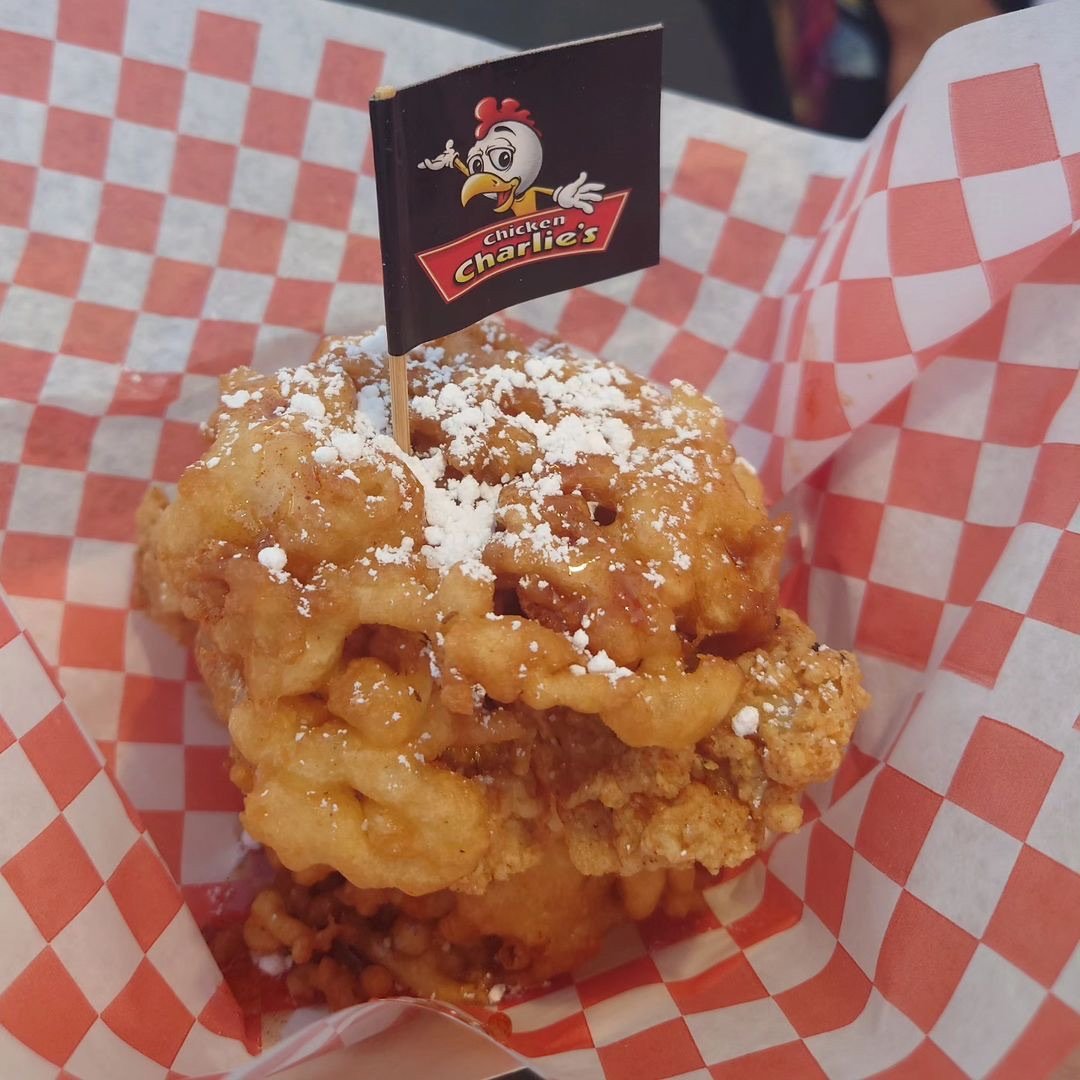 2024 San Diego County Fair Food featuring the Hot Honey Funnel Cake Chicken Sandwich from food vendor Chicken Charlie’s