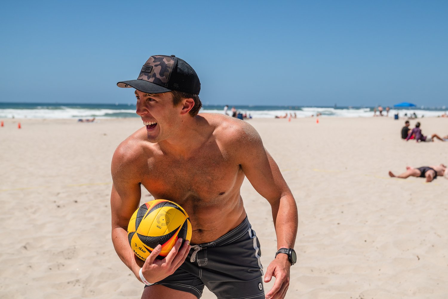 San Diego locals playing volleyball at the Mission Beach volleyball courts
