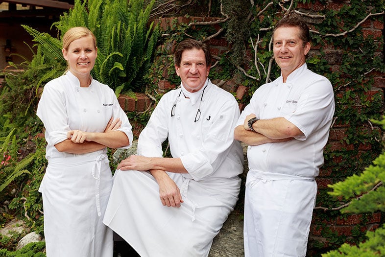 A.R. Valentien's executive chef Kelli Crosson with her predecessor Jeff Jackson and chef Olivier Bioteau
